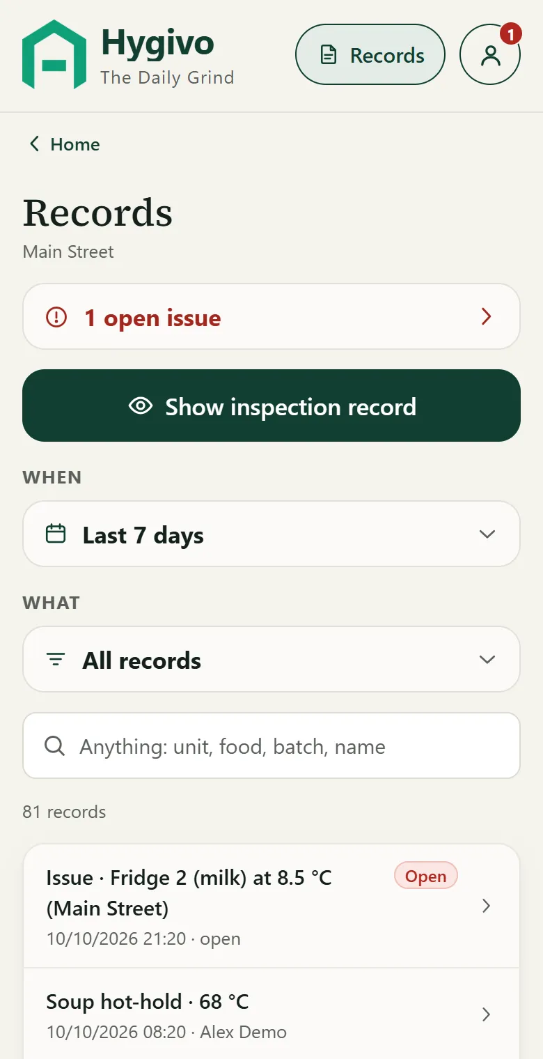 Records: one open issue, the inspection record button, date and type filters, a search box and the latest records.